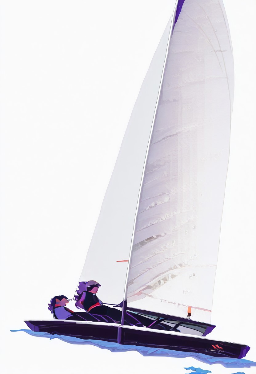 Absurdres, best quality, masterpiece, extremely aesthetic,
Dramatic cinematic scene,
2girls, sailing, dinghy, pulls on rope, over the side, windy, racing, helming, crew, jib, main sail,
Cheeky Bikini, colorful bikini,
Short hair, curly hair, fine curls, tiny torso, narrow shoulders, wide hips, tiny limbs, short limbs, 
Detailed background,
seductive, playful,
 dramatic angle, 
Heavily stylized vector illustration, fun, close-up, out of frame, stylish, exaggerated body proportions, huge head, head same size as body,
BaseB0b, minimalist vector illustration, Flatline, Flat vector illustration,
sai1ing, boat side view
