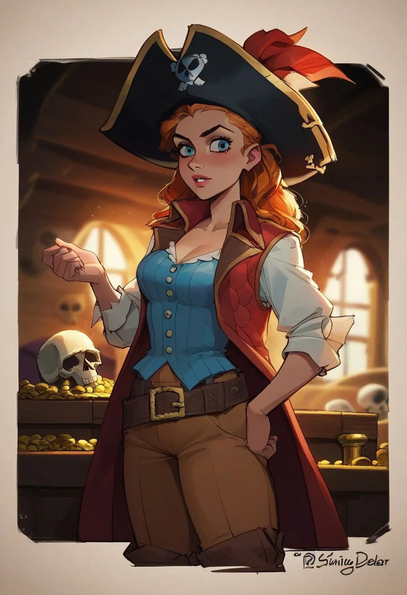 score_9, score_8_up, score_8_up, sexy woman, clean eyes, clean eye lines, pirate, pirate hat, vest on bare body, brown pants, thick belt, skull island, sunny day, gold, treasure, highly detailed, dynamic lighting, depth of field, absurdres, best quality,