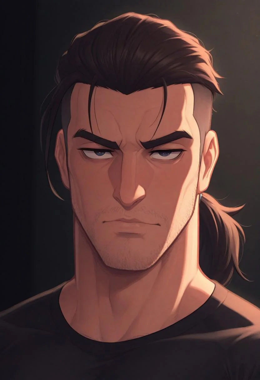 masterpiece, best quality, amazing quality, very aesthetic, absurdres, newest, solo, male_focus, intense_male_gaze, spiky_hair, undercut, wolf_cut, messy_hair, slicked_back_hair, partially_shaved_head, low_ponytail, windswept_hair, cinematic_shadows, dramatic_lighting, close-up_portrait, masculine_face, sharp_eyes, confident_expression, rugged_appearance, w0lfc0nf