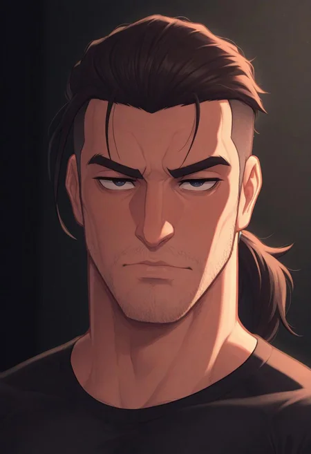 masterpiece, best quality, amazing quality, very aesthetic, absurdres, newest, solo, male_focus, intense_male_gaze, spiky_hair, undercut, wolf_cut, messy_hair, slicked_back_hair, partially_shaved_head, low_ponytail, windswept_hair, cinematic_shadows, dramatic_lighting, close-up_portrait, masculine_face, sharp_eyes, confident_expression, rugged_appearance, w0lfc0nf