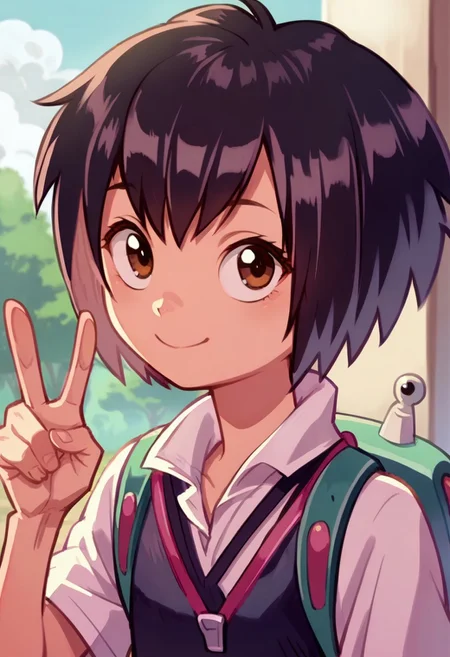 score_9, score_8_up, score_7_up,source_anime, anime screenshot, anime screencap, PeniParker, short hair, black hair, brown hair, 1girl, solo,flat chest, smile, peace sign, closed mouth, smile, backpack, outdoors, upper body, looking at viewer