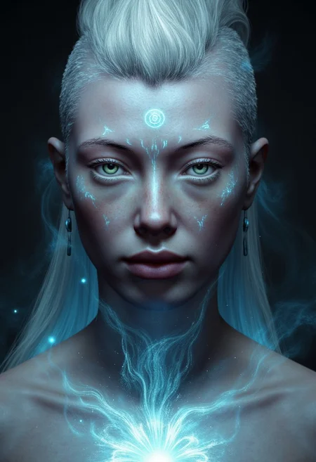 (in Boris Vallejo style:1.4), (masterpiece:1.2) A mysterious female entity with skin like moonlit marble stares forward, her piercing, silver-flecked eyes framed by long, dark lashes that add intensity to her gaze. Her face is flawless, with sharp cheekbones and full, slightly parted lips that shimmer with a soft, otherworldly light. Ethereal symbols, glowing faintly, curve across her forehead and temples, suggesting ancient magic. Flowing, silver mohawk hair surrounds her, blending with a nebula-like aura that radiates a gentle, silvery-blue light. Soft wisps of mist curl around her shoulders, accentuating her enigmatic presence. (hyperdetailed facial symbols and glowing aura:1.1), (intricate eye reflection and misty aura:1.1), (Refined mystical atmosphere:1.1), (best quality:1.1), (high resolution:1.2)