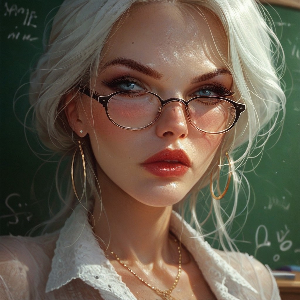 score_9, score_8_up, interesting background, masterpiece, (high quality), complex , highly detaily, solo,  in a class,  perfect face, beautiful, mature, milf, teacher, curvy, wide hips, tight skirt, glasses, serious expression, blushed, body focus