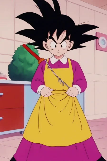 source_anime, score_9, score_8_up, score_7_up, anime screencap,8k, absurd res,
son goku, solo, black hair, long sleeves, 1boy, pink dress, male focus, black eyes, apron, v-shaped eyebrows, frown, polka dot, shawl, clothes grab, child, crossdressing, ((aged up)), yellow apron, looking down, 1980s \(style\), nyoibo, weapon on back, retro artstyle
<lora:gokudb_pony_v2:0.8>