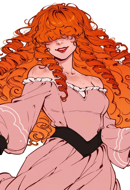 best quality, detailed face, detailed eyes
masterpiece, best quality, very aesthetic
by val
\
1girl, bare shoulders, breasts, curly hair, dress, drill hair, freckles, hair over eyes, long hair, long sleeves, off-shoulder dress, off shoulder, orange hair, parted lips, pink dress, red lips, smile, solo, very long hair, white background
dynamic pose