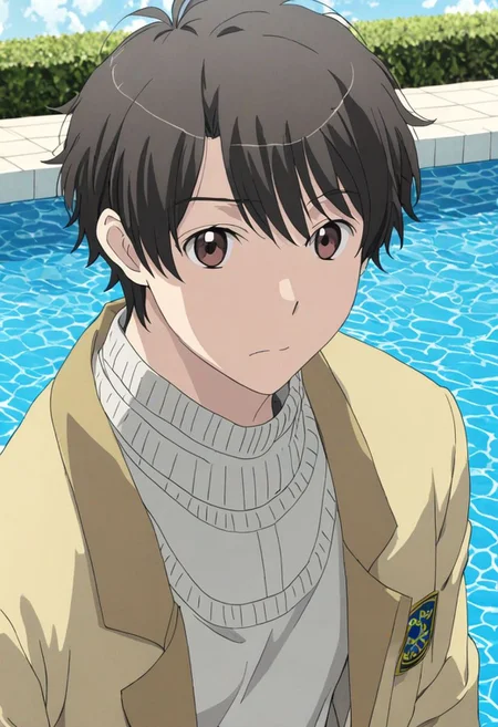 high resolution, solo, best quality, 1Boy, Inaho Kaizuka, Black Hair, Brown Eyes, pool, swim, shirtless, sixpack, shorts, looking at viewer, OverallDetail