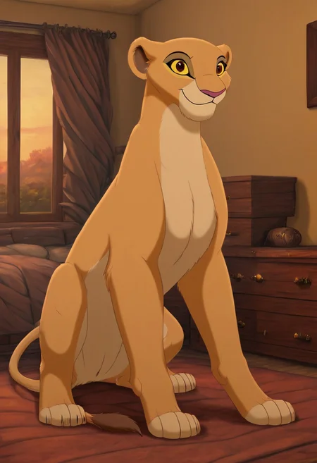 solo, fullbody,feral,  kiara, lioness, female lion, yellow sclera. reddish brown eyes, detailed eyes,  1girl, solo, smile, bedroom,  hires, ultra detailed