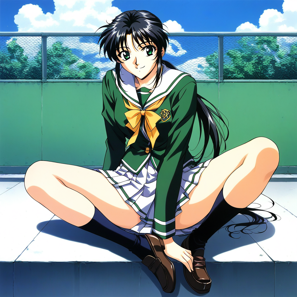 score_9, score_8_up, score_7_up, source_anime, rating_explicit, BREAK <lora:Tachibana_Yumi_XL:1> Tachibana_Yumi, black hair, long hair, green eyes, low ponytail, bangs, sidelocks, 1990s (style), 
1girl, school uniform, solo, skirt, shoes, green shirt, socks, pleated skirt, 
loafers,  long sleeves, sitting, smile, serafuku,  full body, legs
day, sky, outdoor,