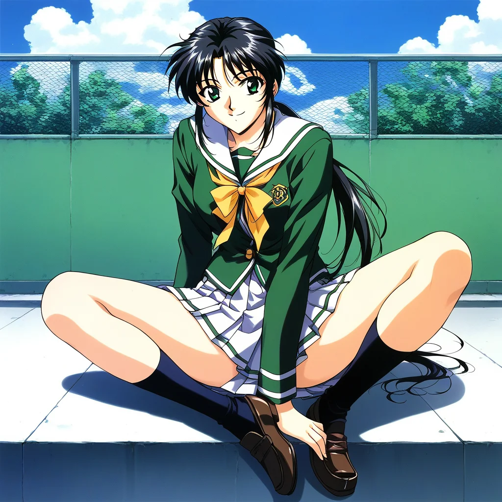 score_9, score_8_up, score_7_up, source_anime, rating_explicit, BREAK <lora:Tachibana_Yumi_XL:1> Tachibana_Yumi, black hair, long hair, green eyes, low ponytail, bangs, sidelocks, 1990s (style),
1girl, school uniform, solo, skirt, shoes, green shirt, socks, pleated skirt,
loafers, long sleeves, sitting, smile, serafuku, full body, legs
day, sky, outdoor,