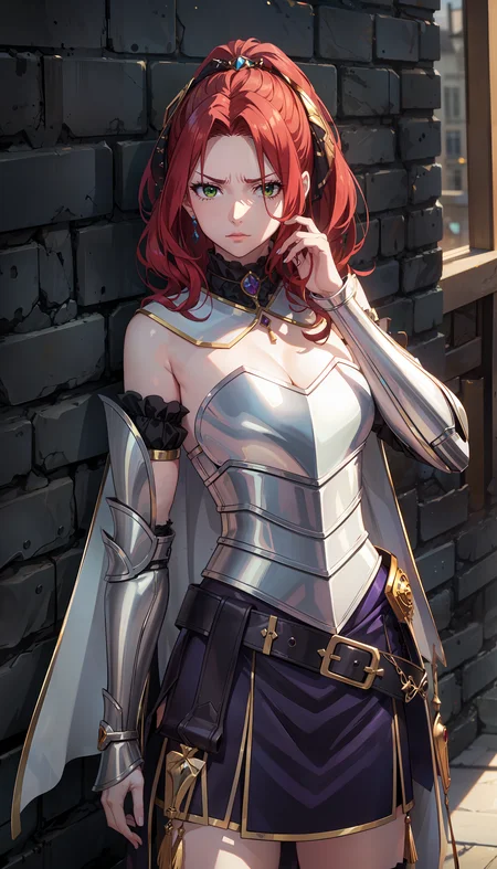 photorealistic, (4k), depth of field, (Masterpiece), (realistic skin texture), extremely detailed, intricate, hyper detailed, professional photography, bokeh, high resolution, sharp detail, best quality, girl, long hair, red hair, green eyes, armor, breastplate, detached sleeves, white cape, long skirt, (purple skirt), black leather belt, arm guards, hair ornament, <lora:GoodHands-beta2:0.8> , <lora:detail_slider_v4:0.8> , dynamic pose, leaning back against a wall, annoyed, <lora:Malty Melromarc-000004:0.7>