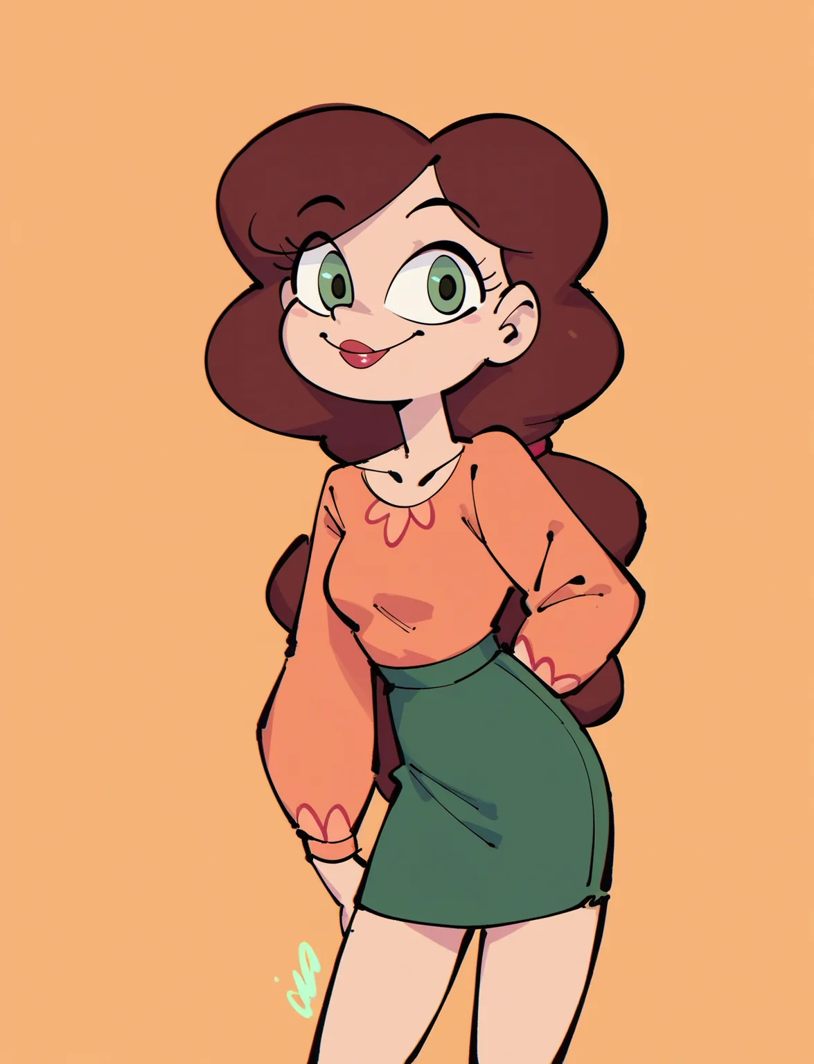 score_9, score_8_up, score_7_up, score_6_up, score_5_up, 1girl, <lora:SVTFOE_Diaz_Family:1> angie diaz, standing, smile, green eyes, lipstick, green skirt,
orange background,