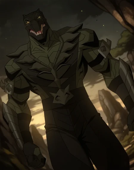 <lora:Reptile_(Mortal_Kombat_Legends_Scorpion's_Revenge)_(Illustrious)_(AD):1.35> Reptile_MK, muscular, Mortal Kombat,
dutch angle, exterior, monumental architecture, wasteland, dark night sky with black clouds, mountains, ancient Asian stone ruins,
male focus, gradient coloring, villain, cowboy shot, white teeth,
BREAK very awe, aesthetically pleasing, masterpiece, best quality, amazing quality, very aesthetic, perfect depth of field shot, in'ei, source_furry, furry_art,
Smooth Quality, lazympos, IllustQualXL_Pos,