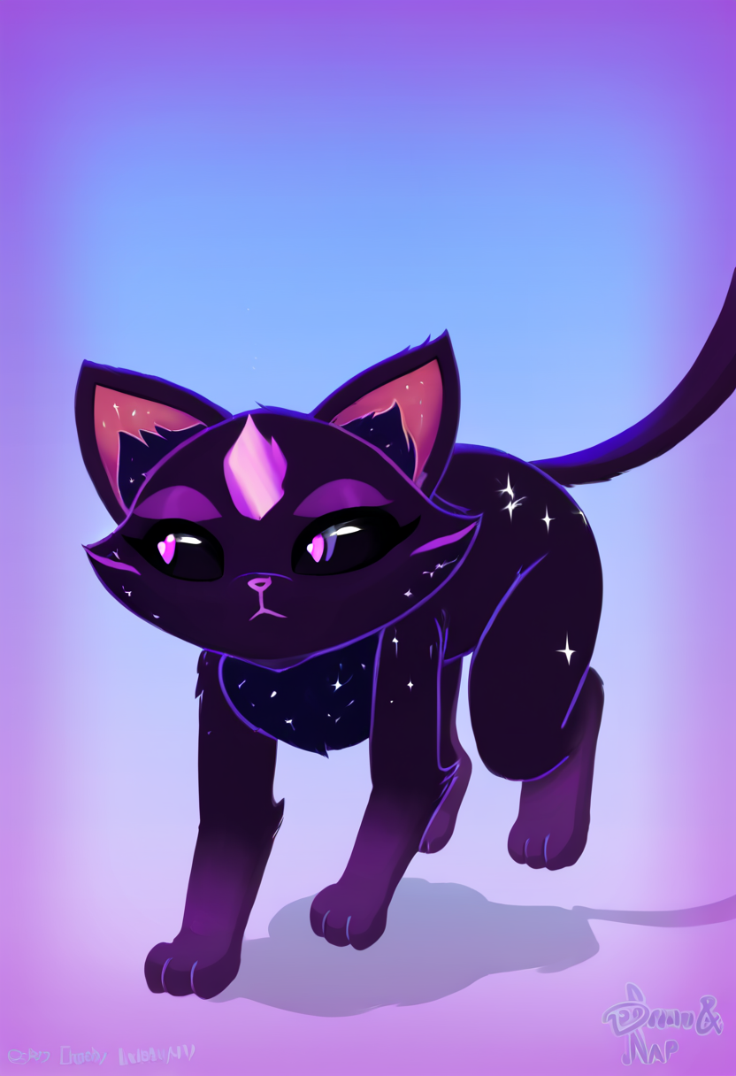 score_9_up, score_8_up, sfw, furry, feral female, felid, tortoiseshell cat, solo, multicolor fur, black sclera, purple pupils, starry fur, galaxy fur, facing viewer, all fours, walking away, tail swirl, show_accurate, gradient background, kawaii, art by draw&nap, DrawAndNap