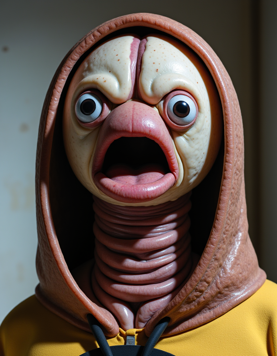a surreal image where Pingu has a wrinkly centuple length triple neck and a literal defined vertical vein split inverted peen forehead with a gaping sucker mouth, sheathed under a thin skin hood , in a primordial aesthetic living room.