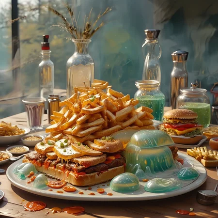 foodphoto, a cheeseburger and fries made out of slime, cheeseburger and fries on a plate, french fries, french fries made of slime, food made of slime, food still life, plate made of slime, table made of slime,
natural light, no bright spots,
((translucent slime)), ((transparent slime)), made of water, (bioluminescent slime), sl1m3, slime, slime-morph, ais-blmn, saturated colors, no creatures, no humans, no monsters, no pokemon, scenery only, scenery, ral-lava, watce