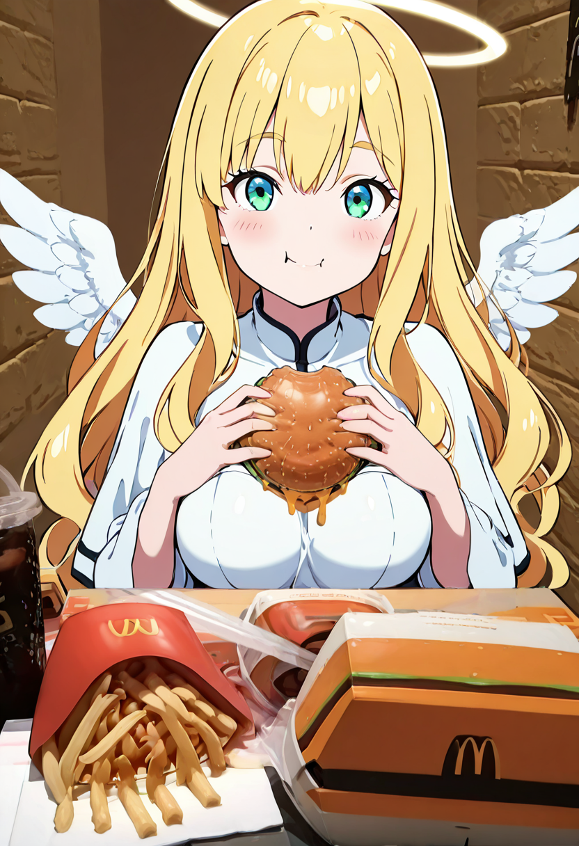 masterpiece, best quality, curvy, beautiful eyes, 1girl, solo, smile, looking at viewer,      McD4t3, eating, holding food, food on face, burger, french fries, ketchup,   ,<lora:McDate_with_2D_Waifu_IXL:1.0>,  BREAK,  1girl, solo, blonde hair, wavy hair, angel, angel wings, halo, smile, sitting, forest, white dress,