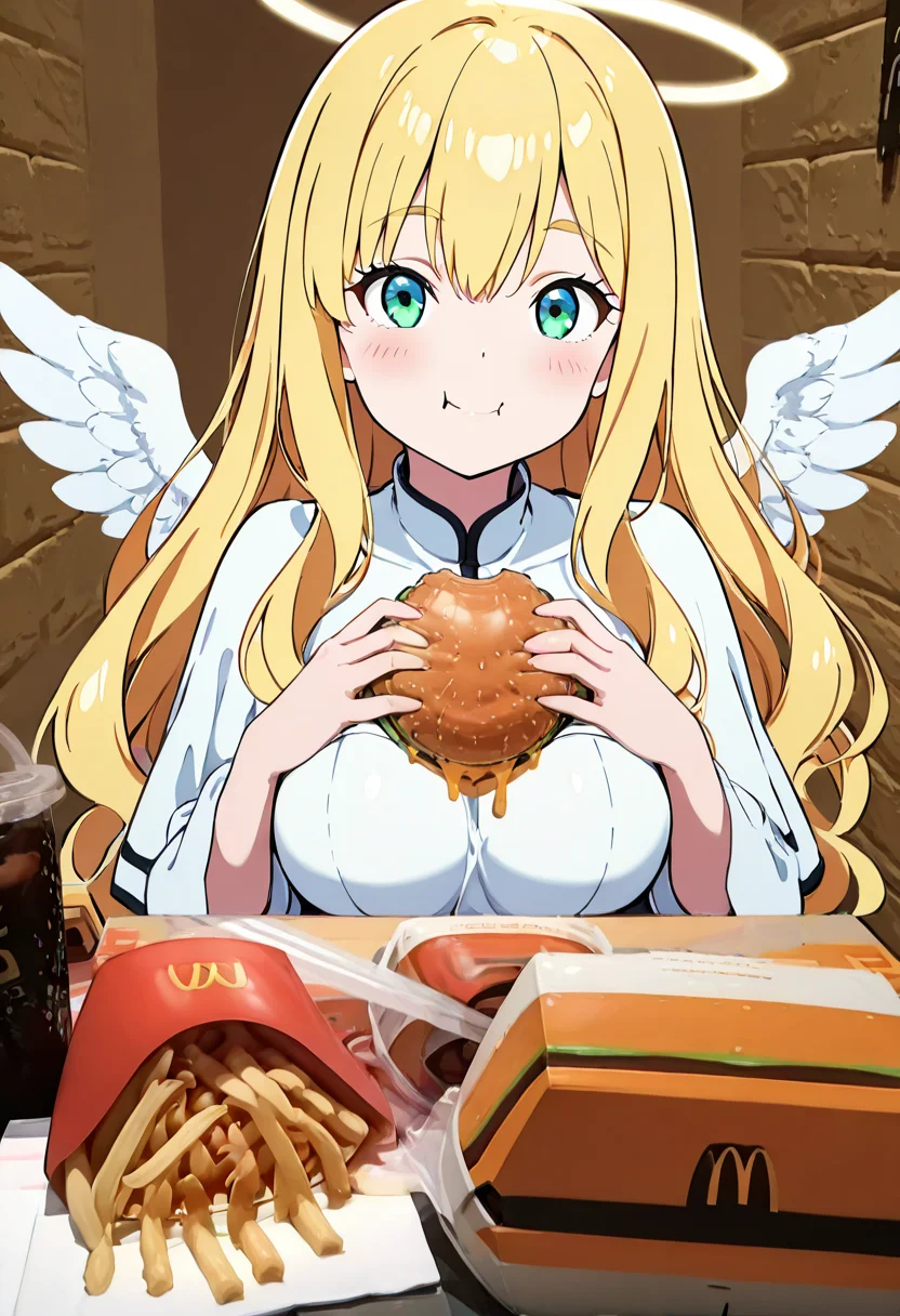 masterpiece, best quality, curvy, beautiful eyes, 1girl, solo, smile, looking at viewer, McD4t3, eating, holding food, food on face, burger, french fries, ketchup, ,<lora:McDate_with_2D_Waifu_IXL:1.0>, BREAK, 1girl, solo, blonde hair, wavy hair, angel, angel wings, halo, smile, sitting, forest, white dress,