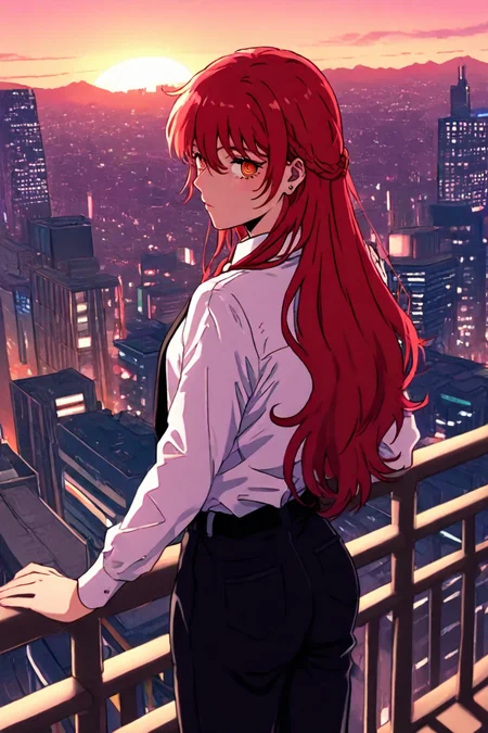 score_9, score_8_up, score_7_up, score_6_up, score_5_up, score_4_up, <lora:mak1ma0XL_Pony_v1:0.8> , mak1ma0, red hair, long hair, ringed eyes, white collared shirt, black necktie, black pants, from behind, looking at the viewer, <lora:Lofi_style:1>, 1girl, lofi_style, lofi, railing, cityscape, sky, sunset, masterpiece, highres