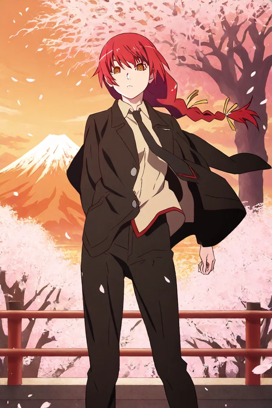 score_9, score_8_up, score_7_up, score_6_up, score_5_up, score_4_up, <lora:mak1ma0XL_Pony_v1:1> , mak1ma0, red hair, braid, long hair, ringed eyes, blackjacket,white collared shirt,black necktie,black pants, floating hair, <lora:monogatari_style_IllustriousXL:0.8>, monogatari_style, 1girl, standing, solo, alone, warm orange hue theme, orange sky, looking at the viewer, masterpiece, highres, highly detailed face, highly detailed shining eyes, symmetrical highly detailed eyes, mount fuji background, cherry blossoms, petals, falling petals, tree, spring