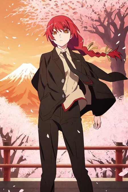 score_9, score_8_up, score_7_up, score_6_up, score_5_up, score_4_up, <lora:mak1ma0XL_Pony_v1:1> , mak1ma0, red hair, braid, long hair, ringed eyes, blackjacket,white collared shirt,black necktie,black pants, floating hair, <lora:monogatari_style_IllustriousXL:0.8>, monogatari_style, 1girl, standing, solo, alone, warm orange hue theme, orange sky, looking at the viewer, masterpiece, highres, highly detailed face, highly detailed shining eyes, symmetrical highly detailed eyes, mount fuji background, cherry blossoms, petals, falling petals, tree, spring