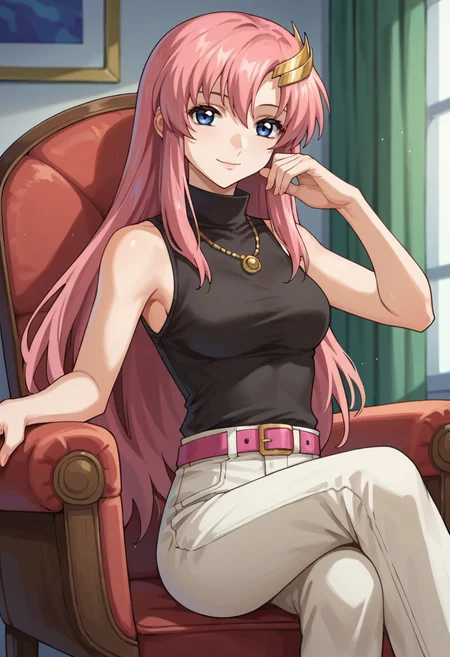 score_9,score_8_up,score_7_up,score_6_up,score_5_up,score_4_up,anime coloring,source_anime,anime,<lora:Lacus_Meer_Gundam_SEED_Pony:0.8>,lacusmeer,1girl,solo,blue eyes,pink hair,long hair,moon hair ornament,jewelry,black turtleneck,sleeveless,belt,khaki pants,smile,sitting,room,chair,looking at viewer,