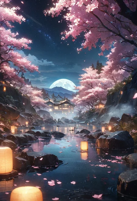 gorgeous lips, cinematic, (masterpiece), (best quality), (ultra-detailed), very aesthetic, illustration, perfect composition, intricate details, absurdres, detailed face, (anime, masterpiece, intricate:1.3), (best quality, hires textures, high detail:1.2), (4k),(incredibly detailed:1.4)
hot spring, mist, rocks, cherry blossoms, glittery mist, moonlight, sky, lots of stars in the sky, water reflections of the night sky, floating lanterns a above the water, flower petals in the water, moon in the sky, Anime art style, <lora:more_details:0.5>