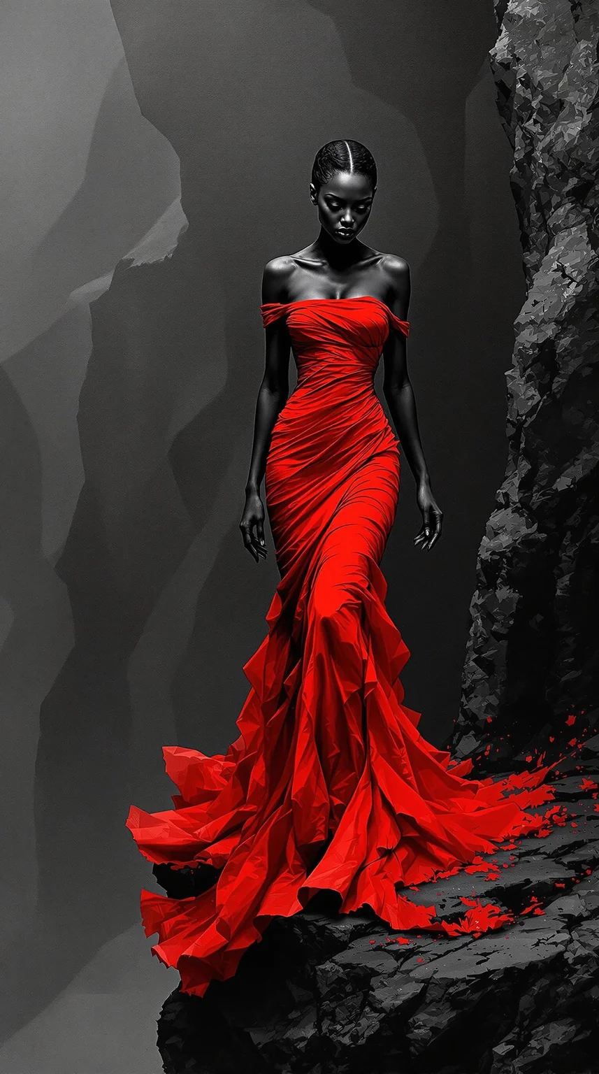 Create this dramatic impasto artwork with a touch of abstract expressionism: a woman with a symmetrical beautiful face, ebony skin, wearing a vibrant, flowing red dress standing on a perilous-looking cliff edge. The dress has dramatic ruching and draping that accentuates her figure, giving the impression of both elegance and vulnerability. The stark contrast between the woman's striking red attire and the dark, rocky surroundings creates a sense of tension and drama. The woman's eyes are downcast, adding to the sense of emotional weight and mystery. Overall, the painting evokes a powerful sense of narrative, suggesting a story or emotional state waiting to be explored.
The painting with a focus on detailed textures and dramatic lighting features a monochromatic scheme, primarily with shades of black, white, and gray.