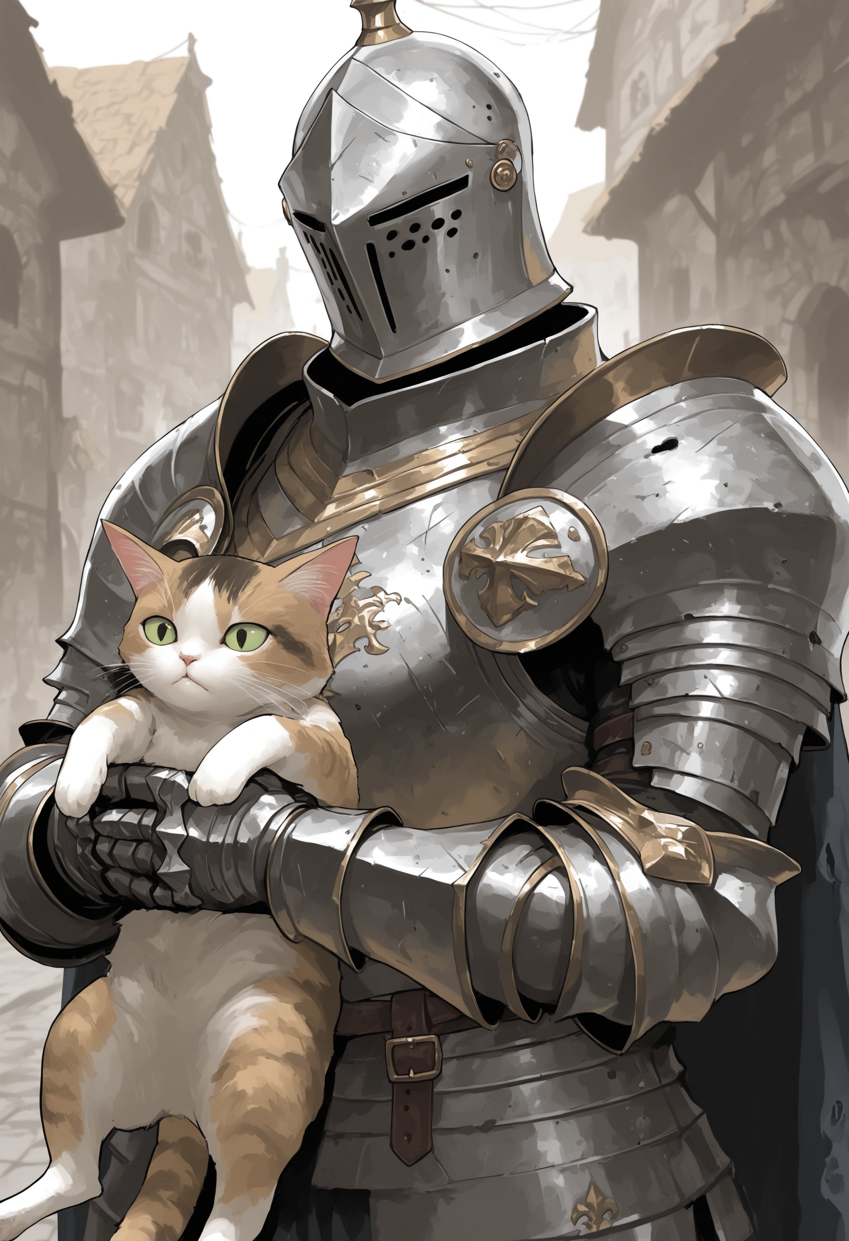 1boy, masterpiece, highres, street, holding a cat, knight, armor, helmet, ruined village, dirty armor, <lora:add-detail-xl:1> <lora:PHM_style_IL_v3.3_1470025:1>