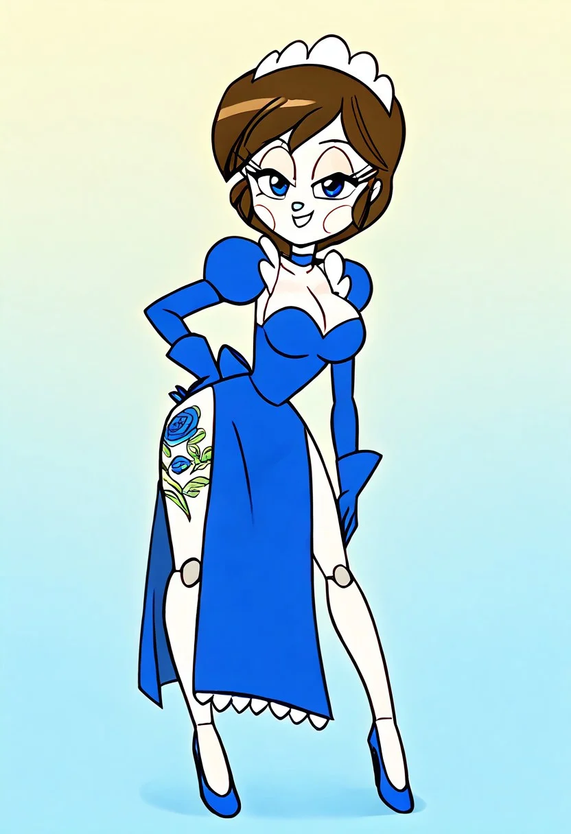 easynegative, Expressiveh, arm-tattoo, arm tattoo, leg-tattoo, leg tattoo, Polly, polly the nandroid, Brown Hair, Short hair, score_9, score_7_up, gradient background, source_cartoon, solo, 1girl, blue eyes, large breasts, ranma-chan, hair blue flower, strapless dress, blue dress, blue choker, gem, pelvic curtain, blue elbow gloves, blue high heels, looking at viewer, smiling, sultry, bedroom eyes, eyelashes, half-closed eyes, head tilt, standing, full body, spread legs, hand on own hip, white skin, pale skin, robot joints, nandroid, nandroid booru, Maid Headpiece