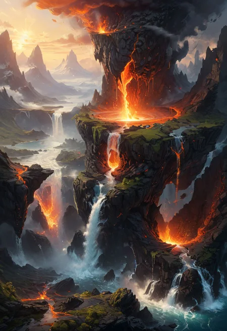 masterpiece, ultra-detailed, famous artwork by (Jessica Rossier:1.15), elemental magic, floating island, waterfalls, lava, vortex cloud, <lora:xl_more_art-full-xl:0.65>