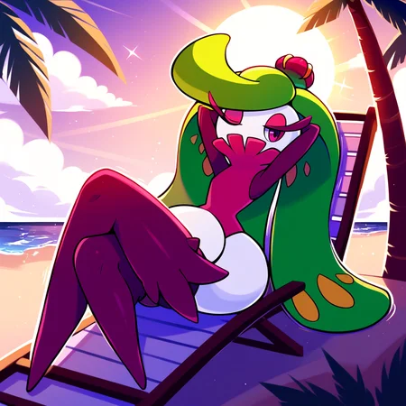 score_9_up, score_8_up, score_7_up, best quality, masterpiece, source_anime, soft shading, motion lines, blue background, palm trees, clouds, sun, sun rays, BREAK 1girl, solo, tsareena, pokemon_(creature), flora fauna, green hair, long hair, wide hips, white head, eyelashes, pink eyeshadow, purple eyes, sitting, arms behind head, one eye closed, beach chair, <lora:PDXL_Tsareena_PKMN:0.9>