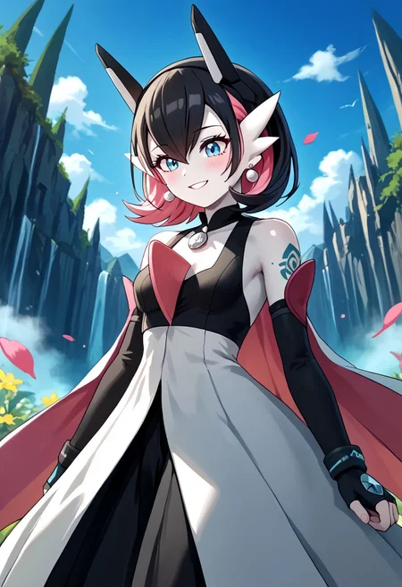 score_4,score_5,score_6,score_7_up,score_8_up,score_9 ((masterpiece,best quality,ultra detailed,highres,HD,4k:1.2)), 
1 girl,solo,face focus,
((Hair between the eyes,gardevoir, pokemon_\(creature\),two-tone skin, white skin,green_skin))
short hair,black hair,multicolored hair,Inner color pink hair,blue eyes,tattoo,black head gear,earrings,very small breast,
Elbow gloves,long skirt,Bare shoulders, corsets,cape,fingerless gloves,jewelry,
smile,.blush,light smile,