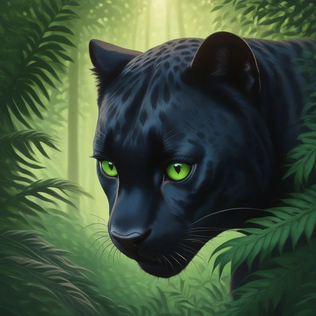 symphtia-style, masterpiece, best quality, absurdres, vibrant, highly detailed, very aesthetic, animal focus, black panther hiding behind ferns, pitch black fur, piercing green eyes, whiskers, eye focus, forest background, (dappled sunlight:1.5)