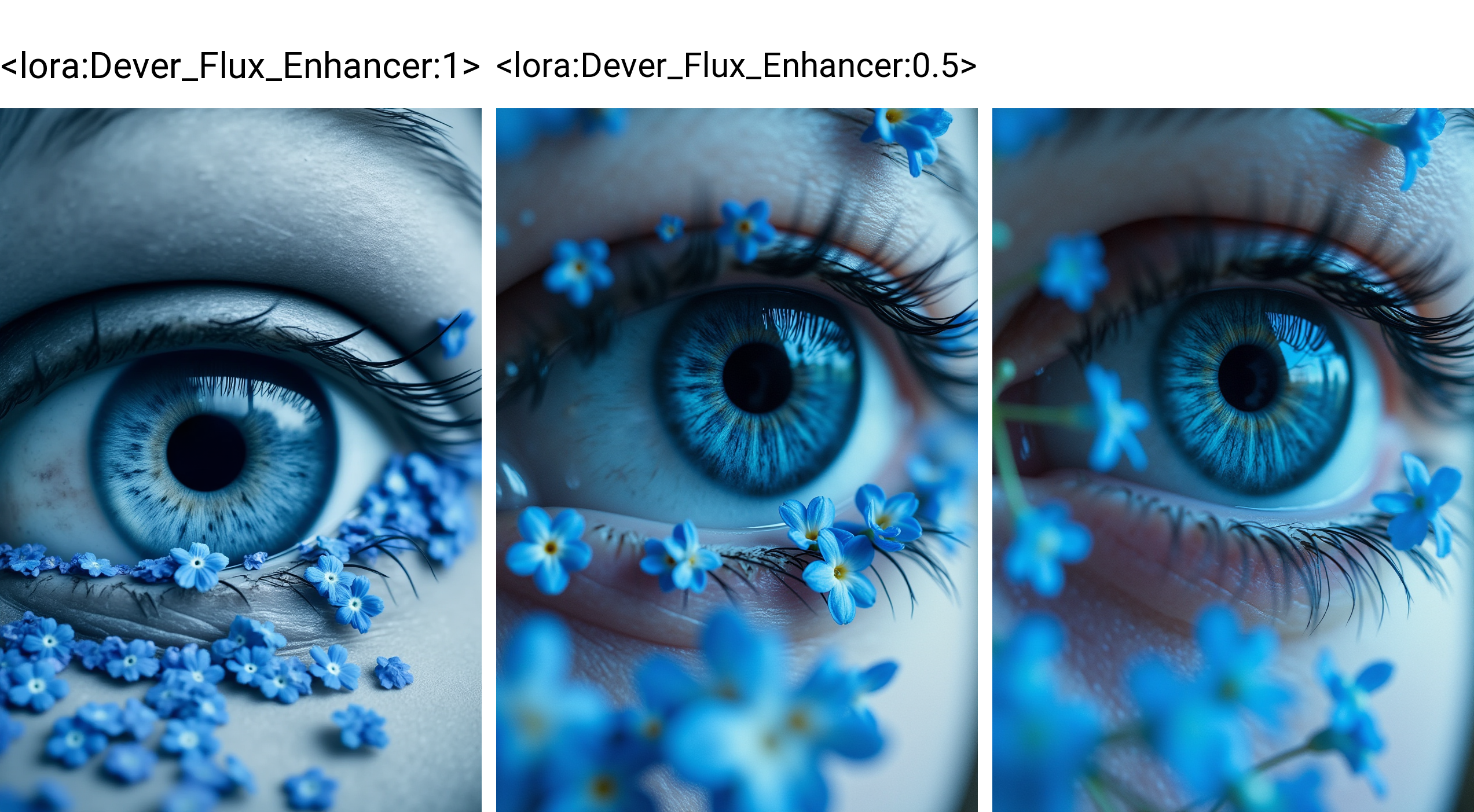 epic cinematic shot of dynamic in motion. main subject of high budget action movie. raw photo, motion blur. best quality, high resolution, a close-up view of an eye, with the iris and pupil prominently featured. The iris is a deep blue color, contrasting with the lighter blue of the pupil. The background is a light gray color, providing a neutral backdrop that allows the eye to stand out. Surrounding the eye are small blue flowers, their petals overlapping each other in an intricate pattern. The flowers are scattered around the image, adding depth and texture to the scene
 <lora:Dever_Flux_Enhancer:1>