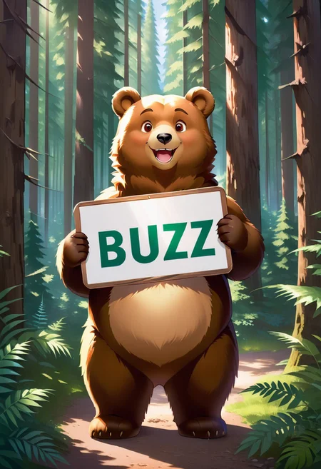 Smiling Bear, looking at viewer, holding a sign that says "BUZZ”, text, forest