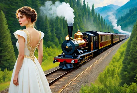 (intricate details, masterpiece, best quality:1.4) , ((Anna Karenina is waiting for a train, a train traveling along railway tracks in the mountains next to a forest, a painting in the style of fine art, golden steam locomotives, a masterpiece, a smooth streamlined line)), futuristic style, elegant, modern, ultramodern, detailed, (steampunk (high-tech aircraft, wings spread, on long+++ legs), light in the portholes,