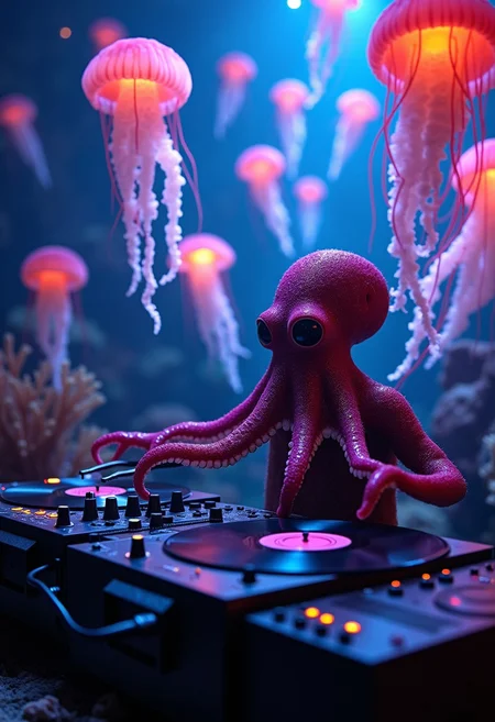An octopus DJ spinning vinyl records at an underwater disco, with sea creatures dancing under flashing neon lights made from glowing jellyfish