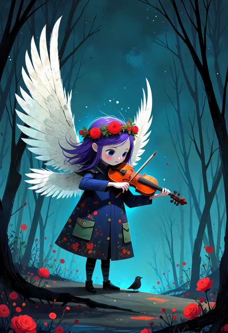 In a **mysterious, twilight forest**, a young girl with radiant **violet hair** and **celadon skin** gracefully plays a violin crafted from **cobalt glass**. Her wings, an intricate dance of **obsidian feathers**, unfurl behind her, casting long, dramatic shadows across the scene. The air around her hums with a **shimmering silver melody**, droplets cascading to the ground and creating **vibrant iridescent pools**. Tiny, skeletal birds perched on the bone-carved trees listen eagerly, their eyes aglow with an ancient wisdom, a **hunger for something more**. A wreath of **blood-red roses** adorns her head, the petals pulsating gently as though alive.  The girl plays a haunting tune that seems to resonate through time and space, a song that should not exist yet somehow does. The forest leans in, enchanted, its trees whispering secrets as they **breathe, swaying rhythmically**. Above, the stars twinkle uncertainly, their light reflected in the girl's eyes. This is a **dreamlike vision**, painted in strokes of deep blues and crimson hues, echoing the delicate madness of a half-remembered lullaby. The details are exquisite, each feather quill and glass string carefully rendered, creating a masterpiece that captures the heart in its intricate web.,