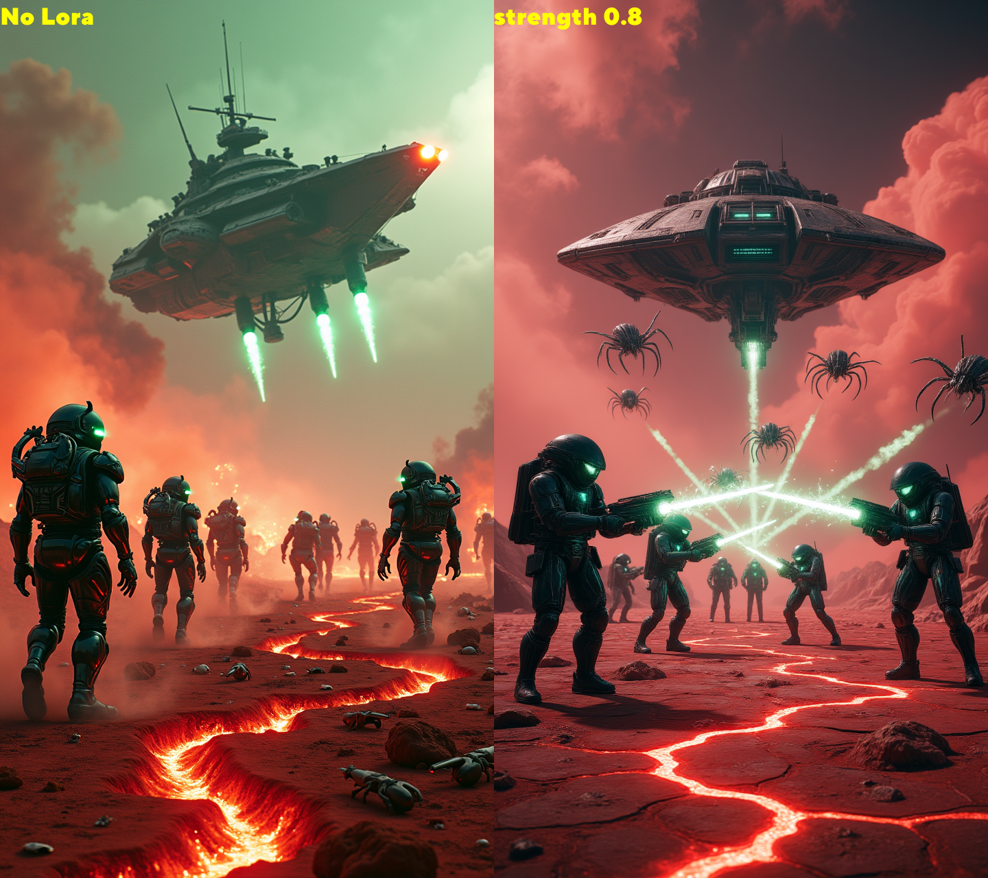 A futuristic battlefield on a moon with a crimson surface, where cybernetic soldiers in glowing black armor with neon green visors fight against a swarm of alien insects with exoskeletons made of glowing blue crystal, their claws sparking with electricity. The ground is cracked with glowing red magma veins, and in the sky, a massive warship hovers, its cannons firing beams of green plasma that explode into showers of sparks. Wreckage of destroyed mechs lies scattered, their broken limbs glowing faintly with residual energy, and the air is thick with a haze of red dust, creating a chaotic, sci-fi war scene, captured with an Olympus OM-D E-M1X, .orf file.      , aidmamjv7