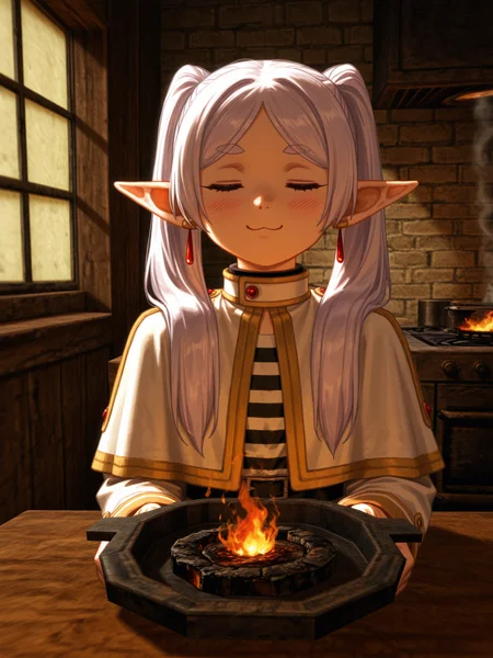 kingpin, realistic, masterpiece, best quality, amazing quality, absurdres, newest, (1girl:1.3), (frieren \(sousou no frieren\):1.4), solo, (:3 expression), (=w= smile), (closed eyes), slight blush, (burnt food), small fire on table, comical kitchen mishap, cozy rustic kitchen, wooden table, old stove, light smoke, warm cinematic lighting, golden hour light, sunbeams through window, soft shadows, ambient glow, charming expression, humorous atmosphere, <lora:Kingpin_-_Life_of_Crime_Style_E17_DIM16_ILXL_V1.2:1.1>.  <lora:dmd2_sdxl_4step_lora:1>