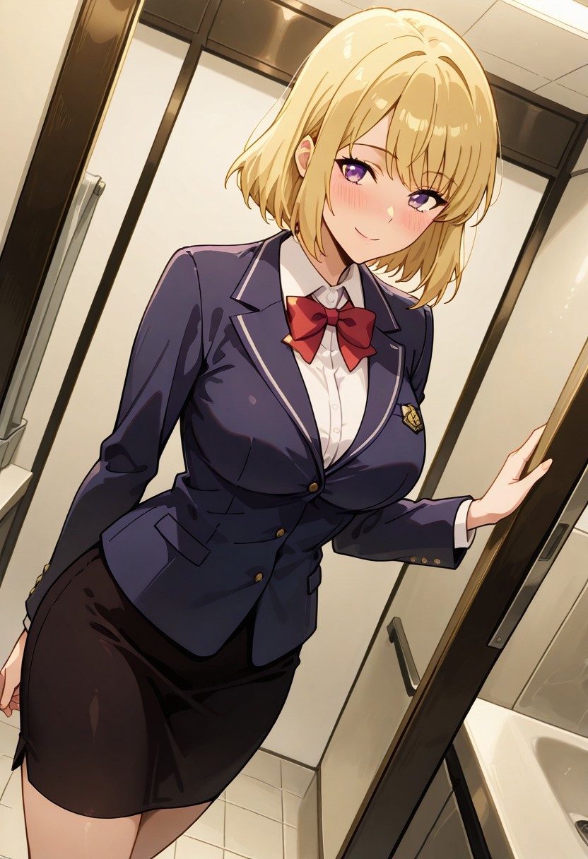 masterpiece, best quality, absurdres, highres,
cha hae-in,blonde hair,short hair,purple eyes, large breasts,
1girl, blush, smile,
blazer, blue jacket, buttons, red bowtie, collared shirt, white shirt, pencil skirt, black skirt,
dutch angle,