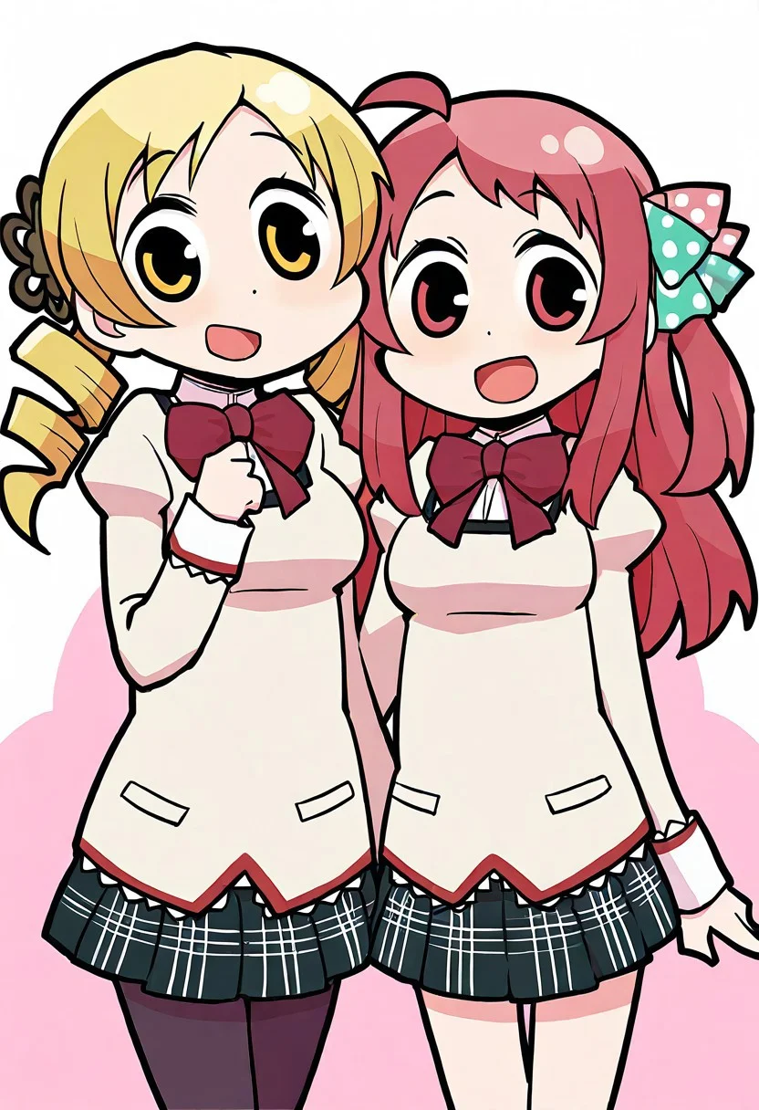 masterpiece, best quality, newest, absurdres, highres, 2girls, tomoe mami \(school uniform\) and minamoto sakura \(zombie land saga\), magia record: mahou shoujo madoka magica gaiden, papa \(shimeguru\), happy smile, open mouth, hand up, tomoe mami \(school uniform\) and minamoto sakura \(zombie land saga\) is side by side, tomoe mami \(school uniform\) and minamoto sakura \(zombie land saga\) is happy, side by side, <lora:tomoe_mami_noobaiXLNAIXL_vPred10Version:0.7>,
BREAK only minamoto sakura is blue eyes and long hair and red hair and one side up and hair bow and green bow and red bow and ahoge and polka dot bow and smile,
BREAK only tomoe mami is blonde hair, only tomoe mami is twin drills, only tomoe mami is twintails, only tomoe mami is blonde eyes,