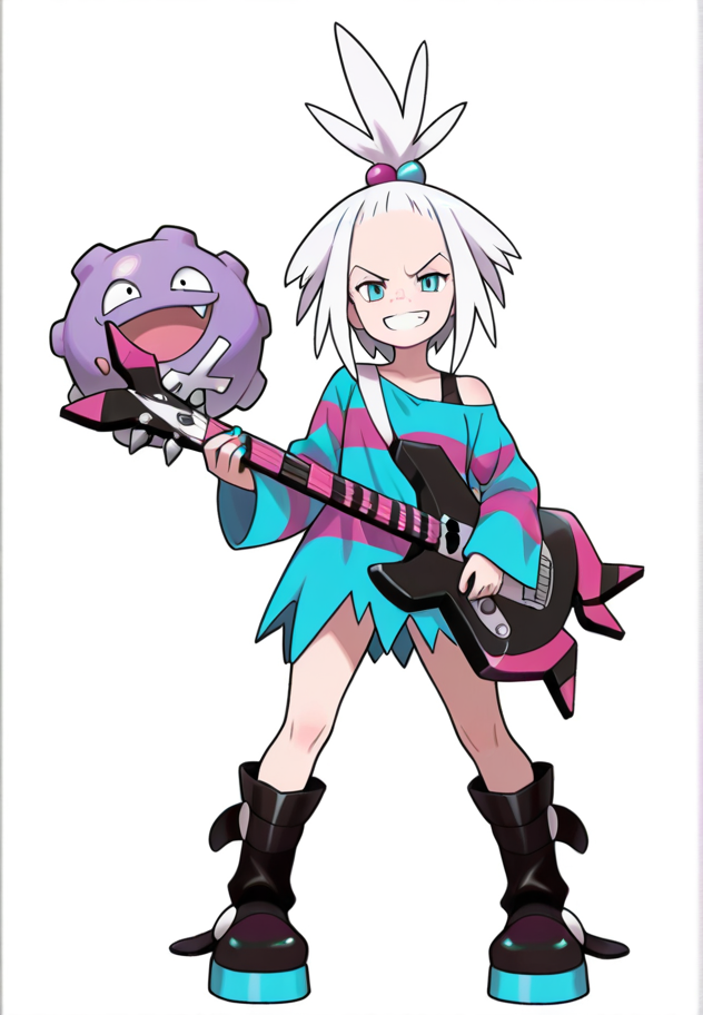 masterpiece, best quality, amazing quality, very aesthetic, absurdres,  newest, detailed background,
roxie, 1girl, looking at viewer, smile, short hair, blue eyes, simple background, long sleeves, hair ornament, white background, dress, holding, standing, full body, white hair, boots, teeth, black footwear, off shoulder, striped clothes, nail polish, grin, flat chest, torn clothes, pokemon (creature), short dress, transparent background, knee boots, spiked hair, hair bobbles, instrument, forehead, freckles, guitar, holding instrument, oversized clothes, platform footwear, striped dress, jaggy lines, topknot, bra strap, torn dress, bass guitar, combat boots, platform boots, shirt, two-tone dress, koffing
 <lora:Roxie_-_Pokemon_Illustrious:1>