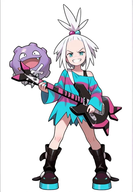 masterpiece, best quality, amazing quality, very aesthetic, absurdres, newest, detailed background,
roxie, 1girl, looking at viewer, smile, short hair, blue eyes, simple background, long sleeves, hair ornament, white background, dress, holding, standing, full body, white hair, boots, teeth, black footwear, off shoulder, striped clothes, nail polish, grin, flat chest, torn clothes, pokemon (creature), short dress, transparent background, knee boots, spiked hair, hair bobbles, instrument, forehead, freckles, guitar, holding instrument, oversized clothes, platform footwear, striped dress, jaggy lines, topknot, bra strap, torn dress, bass guitar, combat boots, platform boots, shirt, two-tone dress, koffing
<lora:Roxie_-_Pokemon_Illustrious:1>