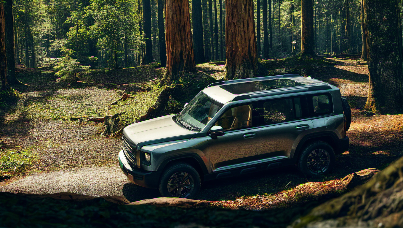 a close-up of silve menglong b26 in frontend view, parking on the middle of the forest, huge trees glowing around. photo, realistic <lora:sdxl_menglong_b26_9_16:1.0>
