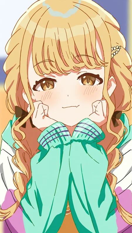 fujita kotone \(default\), 1girl, solo, blonde hair, braid, smile, looking at viewer, blush, hands on own face, long hair, jacket, hands on own cheeks, long sleeves, blurry, hair ornament, upper body, brown eyes, blurry background, aqua jacket, hairclip, fake screenshot, closed mouth, multicolored jacket, bow, very awa,masterpiece,best quality,highres,newest <lora:kotonev4-000008:1>