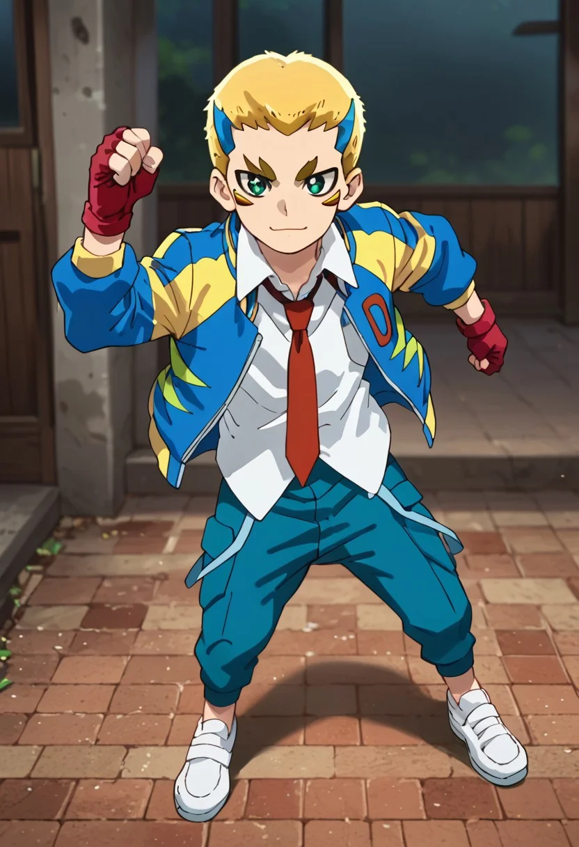 score_9, score_8_up, score_7_up, score_6_up, highly detailed,Good Colors, Glowing Skin, Good Shading, Good Eyes, Contrast Shading, 1boy,handsome boy, male focus, solo, correct anatomy, Dante, 1boy, male_focus, yellow hair, blue hair, multicolor hair, green eyes, facial mark, white shirt, yellow and blue jacket, red tie, blue pants, white shoes, red glove