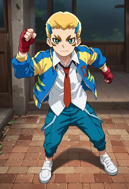 score_9, score_8_up, score_7_up, score_6_up, highly detailed,Good Colors, Glowing Skin, Good Shading, Good Eyes, Contrast Shading, 1boy,handsome boy, male focus, solo, correct anatomy, Dante, 1boy, male_focus, yellow hair, blue hair, multicolor hair, green eyes, facial mark, white shirt, yellow and blue jacket, red tie, blue pants, white shoes, red glove