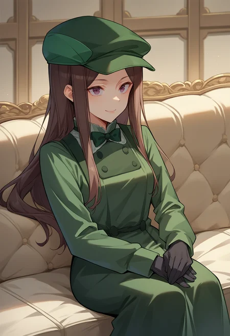 score_9, score_8_up, source_anime, 1girl, solo, DorothyCasual, long hair, green cabbie hat, green bowtie, green dress, long dress, long sleeves, black gloves, indoors, sitting, on couch, smile, <lora:ChamDorothyPPPonyXL:1>