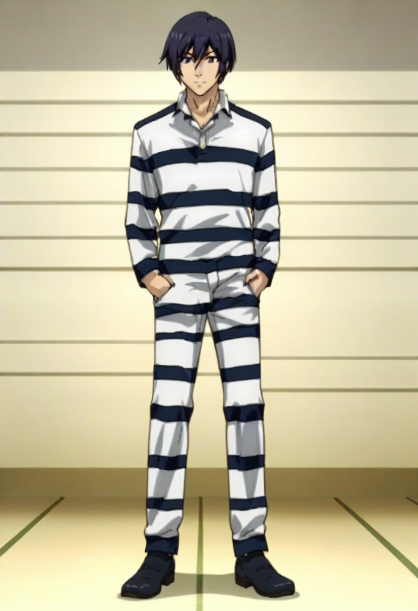 ((masterpiece)), ((best quality)), ((ultra-detailed)), score_9_up, score_8_up, score_7_up, HD, top quality, best quality, High-quality illustrations, anime screencap, perfect anatomy, 1male, 1boy, solo male, male focus, anime, anime boy, male anime character, sexy, tall body, tall height, lean body, slim body, Kiyoshi Fujino, black hair, black eyes, striped white prison outfit, striped white trousers, shoes, full body shot